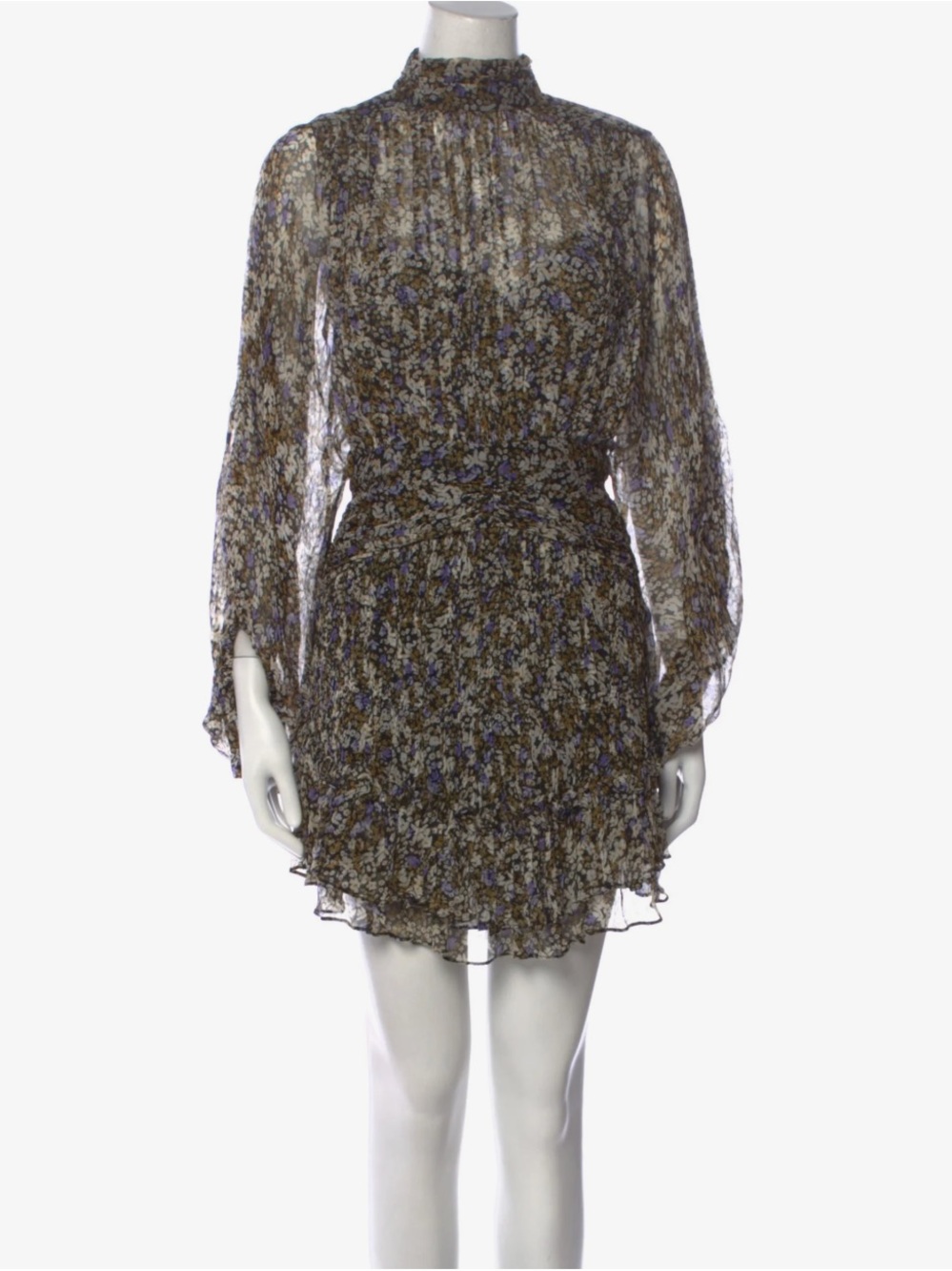 Shona Joy Brown and Purple Floral Sheer Long-Sleeve Mini Dress